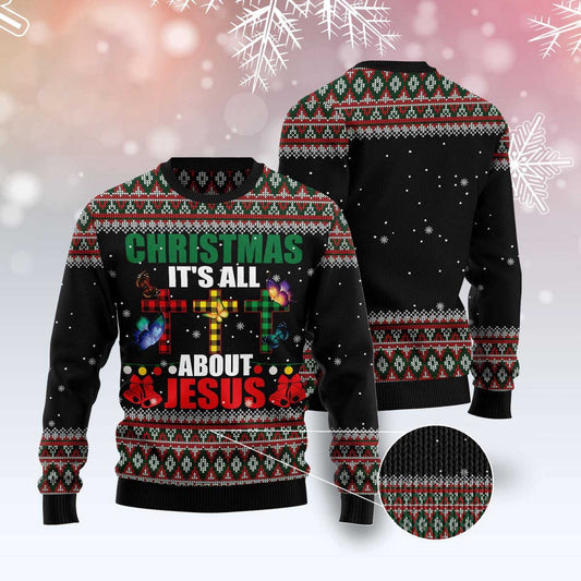 Butterfly Christmas It's All About Jesus Ugly Sweater, Plaid Christian Faith Cross Snowy Black Ugly Sweater, Xmas Faith Cross Knitted Ugly Sweater