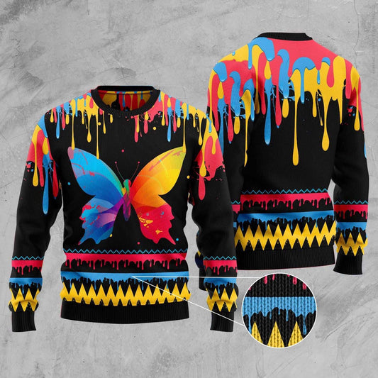 Butterfly Colorful Beauty Ugly Christmas Sweater, Colorful Dripping Paint 3d Print Ugly Sweater, Colorful Butterfly Crewneck Knitted Ugly Sweater