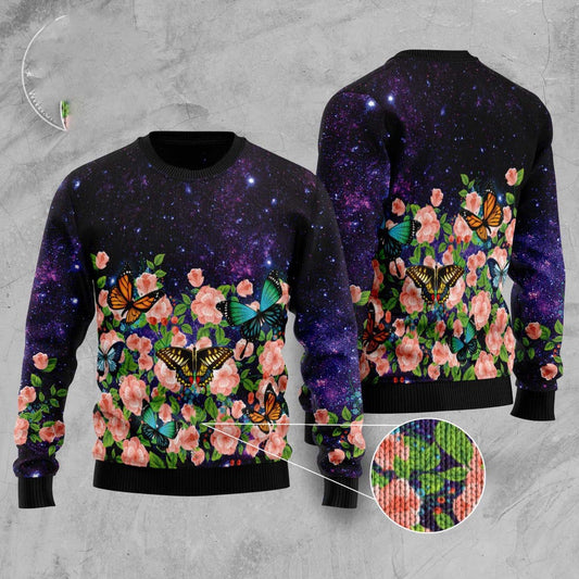 Butterfly Flowers Galaxy Ugly Christmas Sweater, Beautiful Butterfly Floral All-over Printed Blue Ugly Sweater, Butterfly Knitted Ugly Sweaters