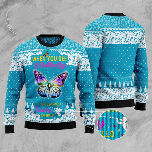 Butterfly Angel Nearby Say Hello Ugly Christmas Sweater, Purple Blue Butterfly All-over Printed Ugly Sweater, Butterfly Knitted Ugly Sweaters