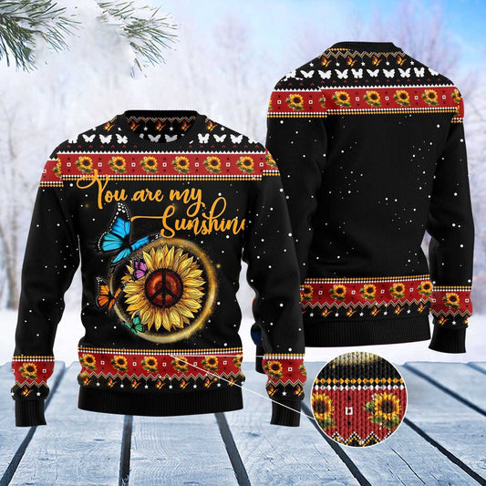 Butterfly Sunflower Peace My Sunshine Ugly Christmas Sweater, Sunflower Butterfly Snowy Black Ugly Sweater, Hippie Sunflower Knitted Ugly Sweater