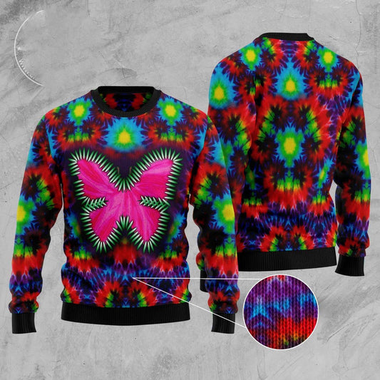 Butterfly Tie Dye All-over Print Ugly Christmas Sweater, Pink Butterfly Tie Dye Printed Ugly Sweater, Psychedelic Tie Dye Knitted Ugly Sweater