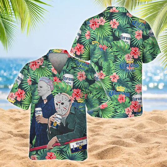 Michael Myers & Jason Voorhees With Corona Beer Hawaiian Shirt, Corona Extra Beer Tropical Floral Aloha Shirt, Corona Extra Aloha Hawaiian Shirts