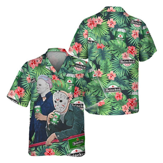 Michael Myers & Jason Voorhees With Heineken Beer Hawaiian Shirt, Heineken Beer Tropical Floral Aloha Shirts, Heineken Beer Aloha Hawaiian Shirts