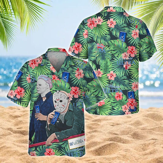 Michael Myers & Jason Voorhees Michelob Ultra Beer Hawaiian Shirt, Michelob Ultra Tropical Floral Aloha Shirts, Michelob Ultra Hawaiian Shirts