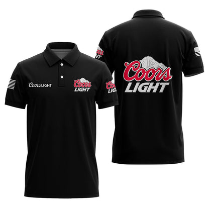 Us Flag Coors Light Black Men's Polo Shirt, Coors Light All Over Printed Black Polo Shirts, Coors Light Beer Men's Short Sleeve Polo Shirt