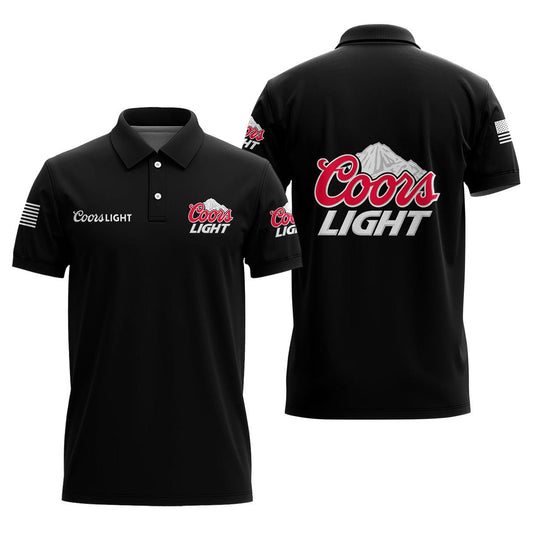 Us Flag Coors Light Black Men's Polo Shirt, Coors Light All Over Printed Black Polo Shirts, Coors Light Beer Men's Short Sleeve Polo Shirt