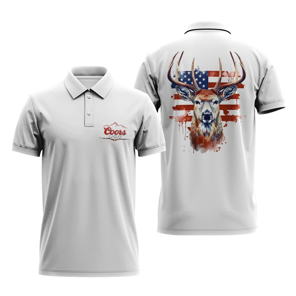 American Flag Deer Coors Light White Golf Polo Shirt, Coors Light Beer Logo 3d Print Golf Polo Shirt, Coors Light Men's Short Sleeve Polo Shirt