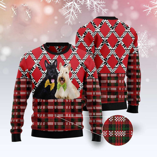 Couple Scottish Terrier Ugly Christmas Sweater, Black And White Scottish Terrier Christmas Sweater, Xmas Seamless Pattern Knitted Ugly Sweater