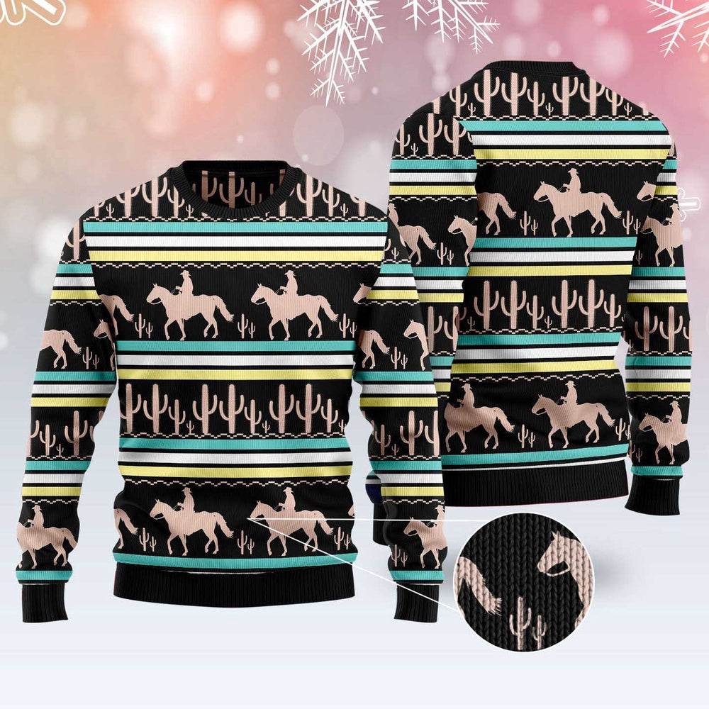 Cowboy Cactus All Over Printed Ugly Christmas Sweater, Cowboy Cactus Seamless Pattern Ugly Sweater, Horse Cowboy Crewneck Knitted Ugly Sweater