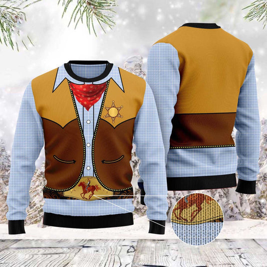Cowboy Costume 3d All-over Printed Ugly Christmas Sweater, Men's Cowboy Costume 3d Knitted Ugly Sweater, Cowboy Costume Crewneck Ugly Sweater