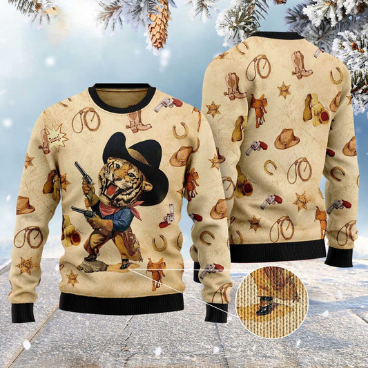 Cowboy Tiger Vintage Ugly Christmas Sweater, Christmas Retro Cowboy All Over Printed Ugly Sweater, Western Tiger Cowboy Xmas Knitted Ugly Sweater