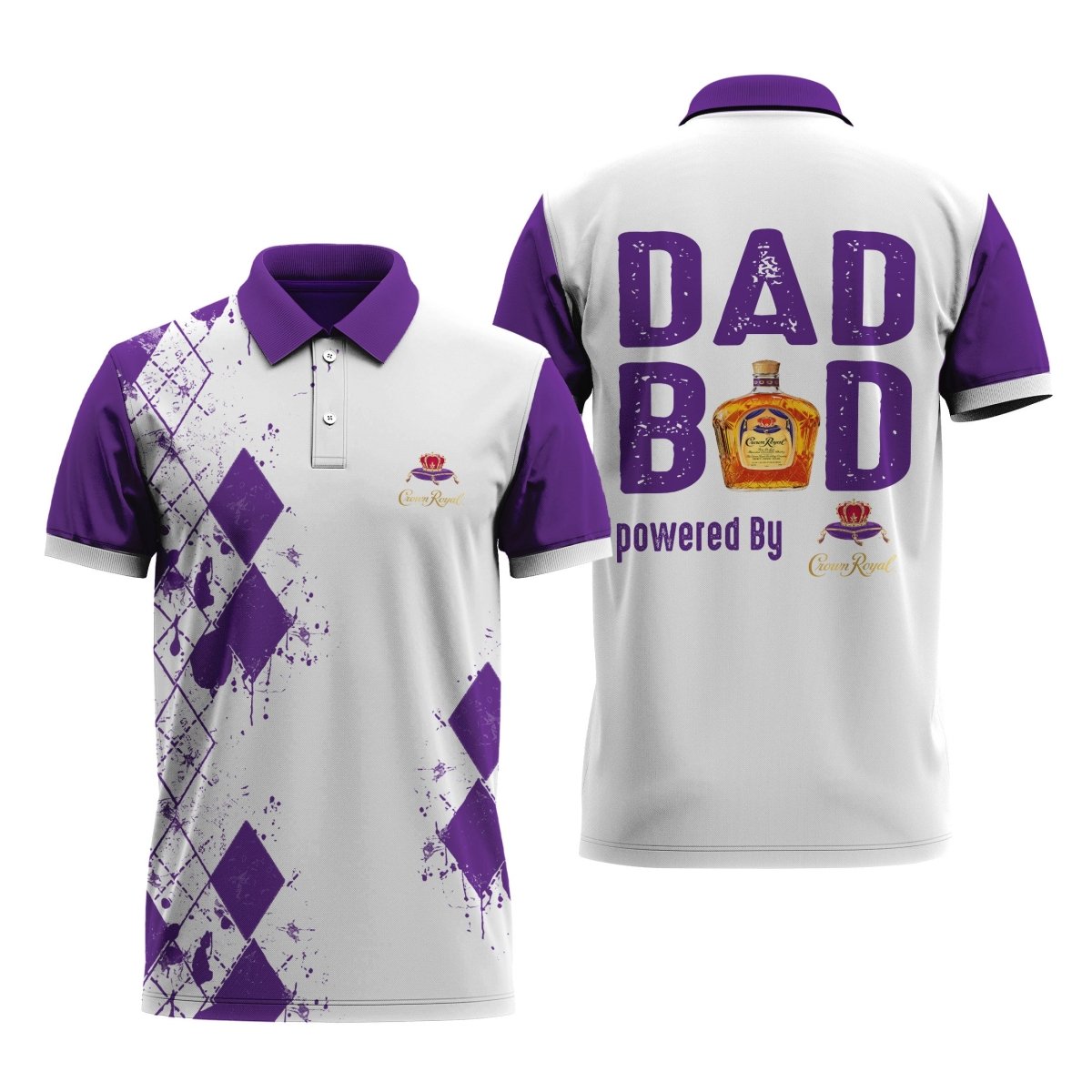 Dad Bod Powered By Crown Royal Golf Polo Shirt, Crown Royal Diamond Dad Bod White Purple Polo Shirt, Crown Royal Men's Short Sleeve Polo Shirt