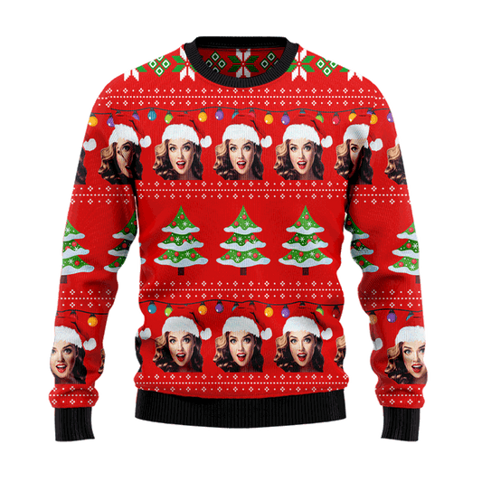 Personalized Face With Santa Hat Ugly Christmas Sweater, Custom Face Family Christmas Ugly Sweater, Merry Christmas Crewneck Knitted Ugly Sweater