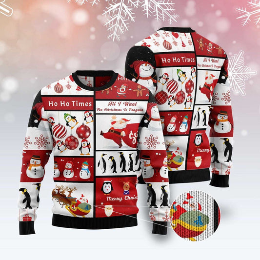 Cute Penguin Santa Claus Snowman Ugly Christmas Sweater, Christmas Symbols All Over Printed Ugly Sweater, Merry Christmas Knitted Ugly Sweater