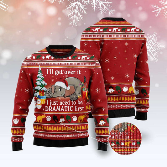 Cute Elephant Get Over It Ugly Christmas Sweater, Elephant Santa Hat Christmas Knitted Ugly Sweater, Elephant All-over Printed Red Ugly Sweater