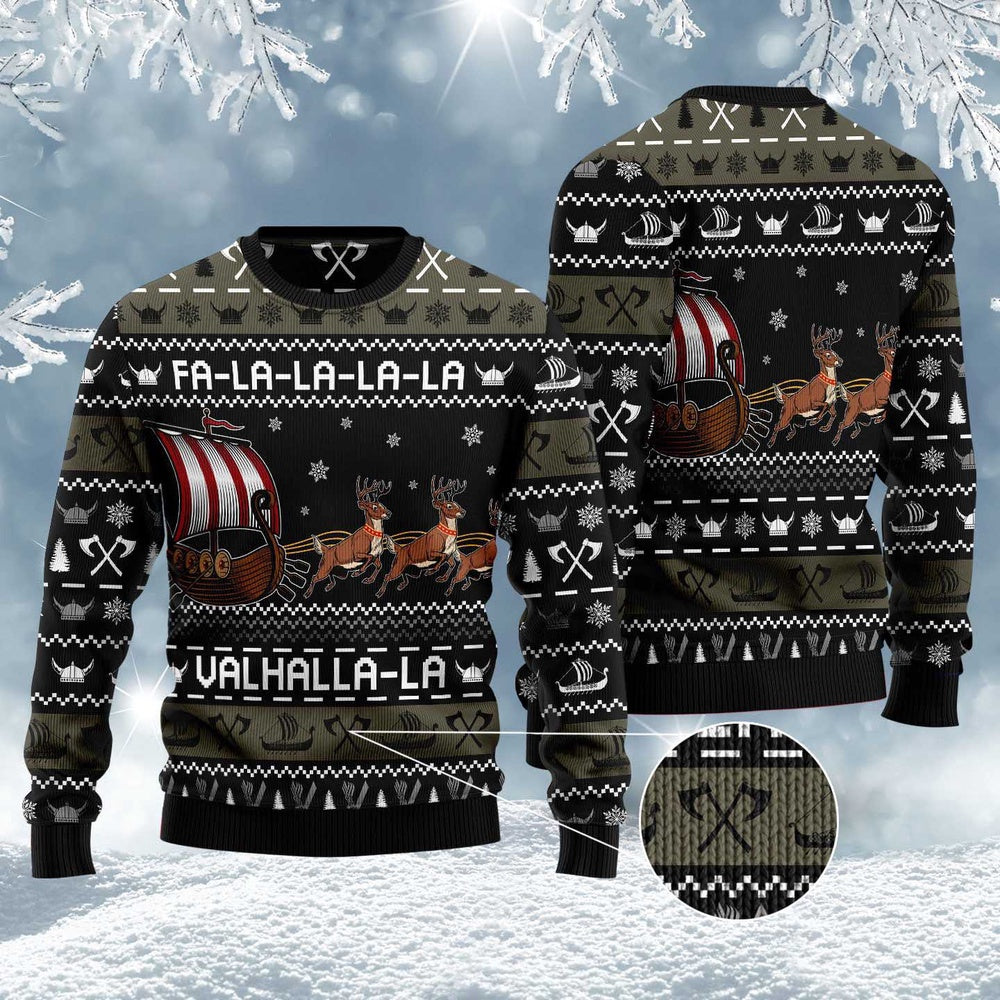 Fa-la-la-valhalla Viking Reindeer Ship Ugly Christmas Sweater, Valhalla Drakkar Christmas Ugly Sweater, Viking Christmas Crewneck Knitted Sweater