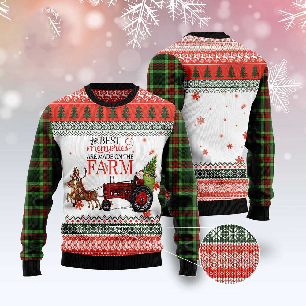 Best Memories On The Farm Ugly Christmas Sweater, Santa Sleigh Tractor Christmas Knitted Ugly Sweater, Christmas On Farm Knitted Ugly Sweater