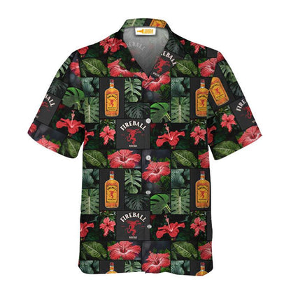 Fireball Tropical Monstera Red Hibiscus Hawaiian Shirt, Tropical Flowers Fireball Button Down Shirts, Tropical Fireball Whisky Summer Aloha Shirt