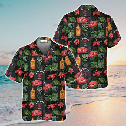 Fireball Tropical Monstera Red Hibiscus Hawaiian Shirt, Tropical Flowers Fireball Button Down Shirts, Tropical Fireball Whisky Summer Aloha Shirt
