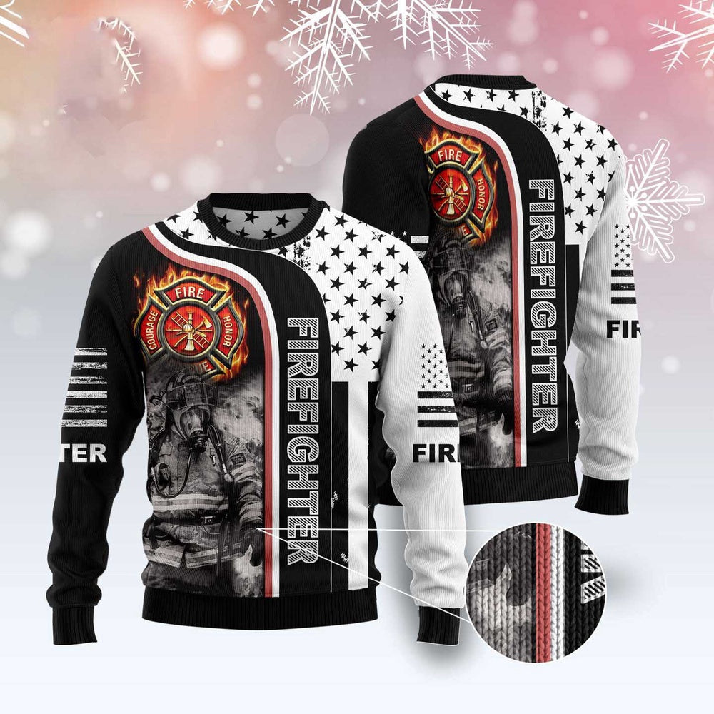 Firefighter Awesome Ugly Christmas Sweater, Firefighter 3d All Over Print Black White Ugly Sweater, Us Firefighter Crewneck Knitted Ugly Sweater