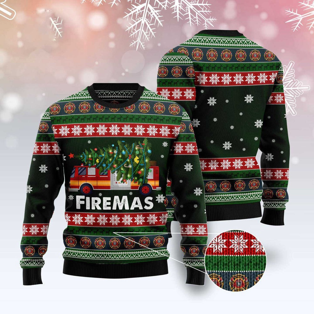 Firefighter Firemas Ugly Christmas Sweater, Fire Truck With Pine Tree Snowflakes Aop Ugly Sweater, Fire Rescue Crewneck Knitted Ugly Sweater
