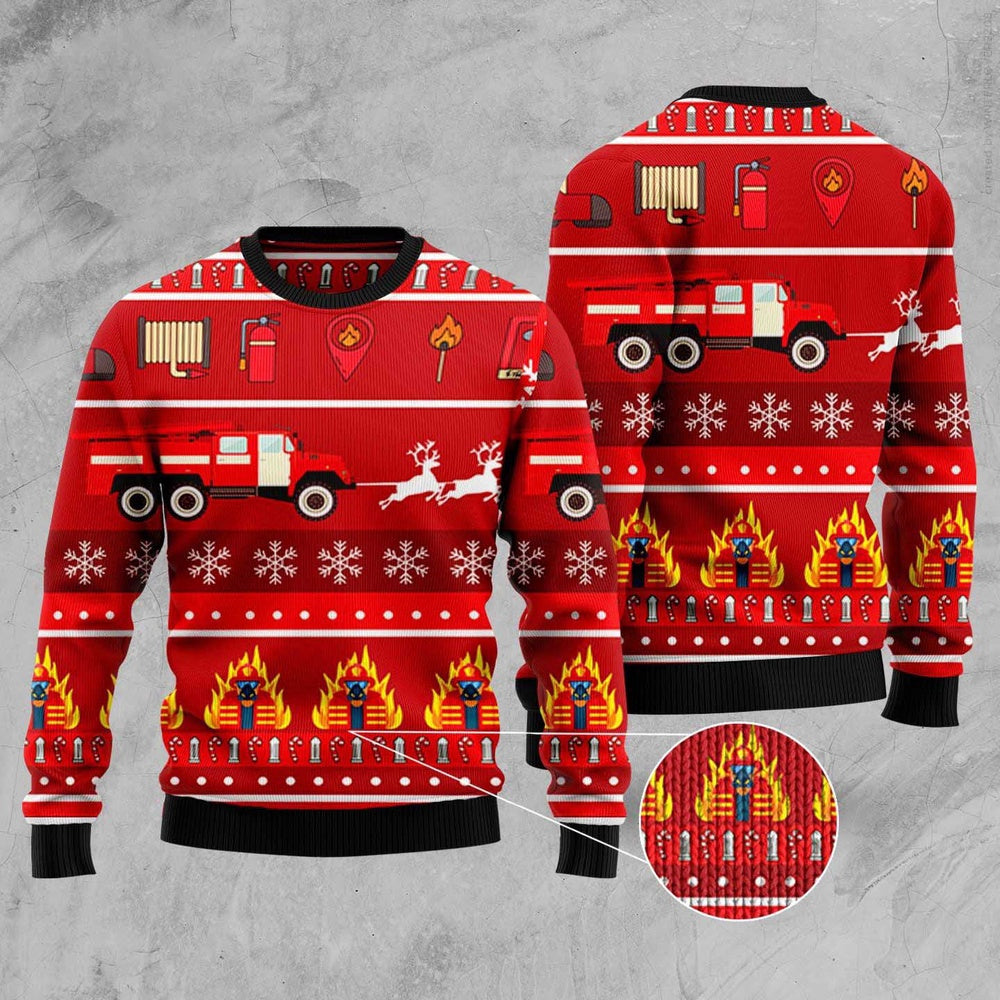Fire Truck Firefighter Elements Ugly Christmas Sweater, Firefighter Elements Xmas Pattern Red Ugly Sweater, Fire Department Knitted Ugly Sweater