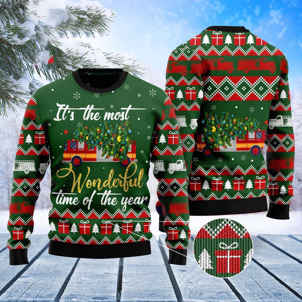 Firefighter Wonderful Time Ugly Christmas Sweater, Christmas Tree Fire Truck Xmas Pattern Ugly Sweater, Firefighter Xmas Knitted Ugly Sweater
