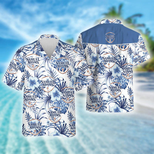 Tropical Flowers Blue Samuel Adams Beer Hawaiian Shirt, Samuel Adams Beer Aloha Summer Beach Shirt, Samuel Adams Beer Button Down Hawaiian Shirt