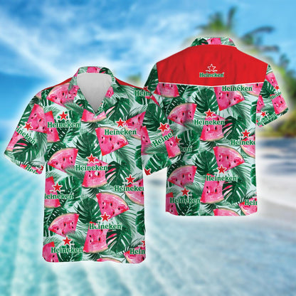 Tropical Leaves Watermelon Heineken Beer Hawaiian Shirt, Heineken Beer Aloha Summer Beach Shirt, Heineken Logo Printed Button Down Hawaiian Shirt