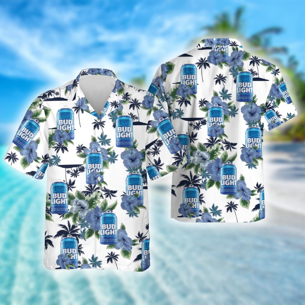 Bud Light Beer Tropical Blue Hibiscus Hawaiian Shirt, Bud Light Beer Aloha Summer Beach Shirt, Tropical Bud Light Beer Button Down Hawaiian Shirt