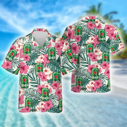 Tropical Hibiscus Flowers Heineken Beer Hawaiian Shirt, Heineken Beer Aloha Summer Beach Shirts, Heineken Beer Button Down Hawaiian Shirts