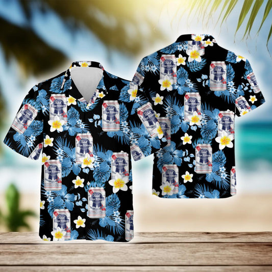 Tropical Hibiscus Pabst Blue Ribbon Beer Hawaiian Shirt, Pbr Beer Aloha Summer Beach Shirts, Pabst Blue Ribbon Button Down Hawaiian Shirts