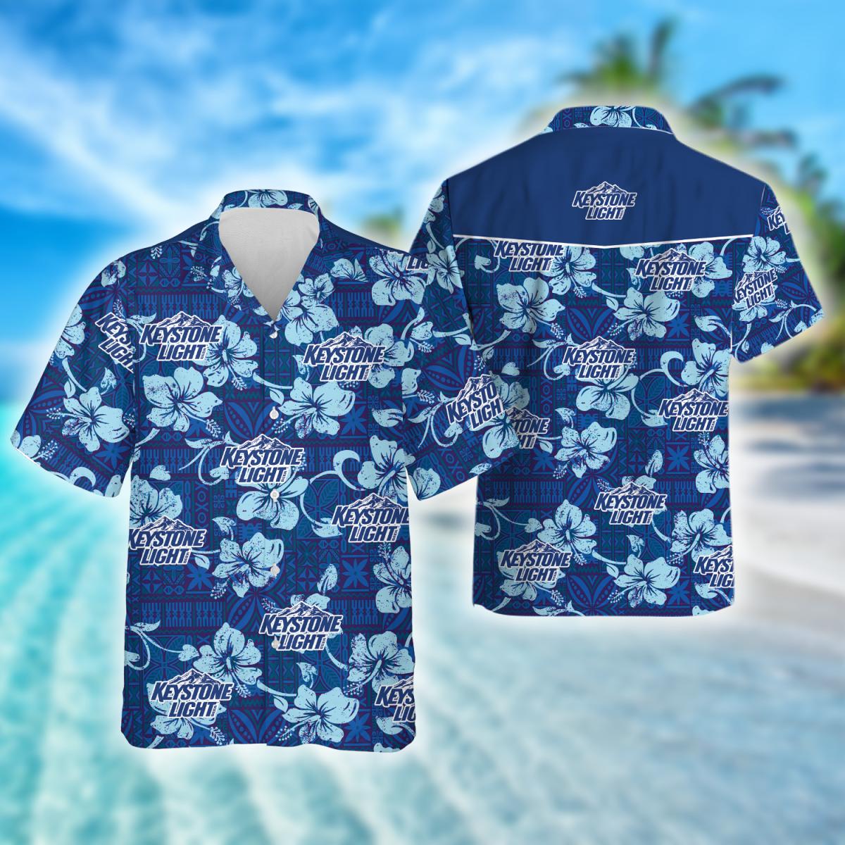 Keystone Light Blue Hibiscus Tribal Pattern Hawaiian Shirt, Keystone Light Aloha Summer Beach Shirt, Keystone Light Logo Button Up Hawaiian Shirt