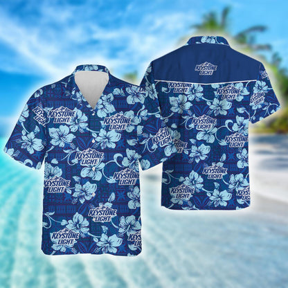 Keystone Light Blue Hibiscus Tribal Pattern Hawaiian Shirt, Keystone Light Aloha Summer Beach Shirt, Keystone Light Logo Button Up Hawaiian Shirt
