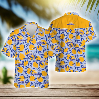 Tropical Lemonade Pattern Twisted Tea Hawaiian Shirt, Twisted Tea Logo Print Aloha Summer Beach Shirts, Twisted Tea Button Down Hawaiian Shirts