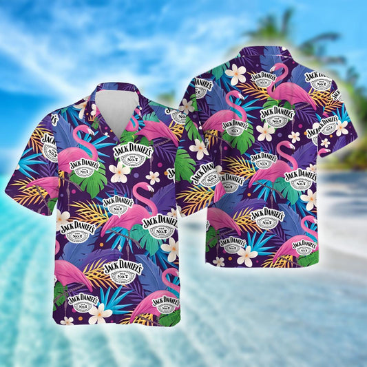 Jack Daniel's Flamingo Tropical Pattern Hawaiian Shirt, Jack Daniel's Whisky Logo Aloha Shirt, Tropical Jack Daniel's Button Down Hawaiian Shirt