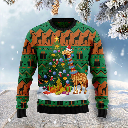 Christmas Tree With Giraffe Ugly Christmas Sweater, Christmas Giraffe All-over Printed Ugly Sweater, Giraffe Xmas Crewneck Knitted Ugly Sweater