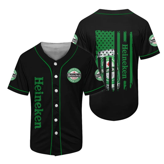 Black Heineken American Flag Baseball Jersey Shirt, Us Flag Heineken Beer Baseball Jersey, Heineken Beer Unisex Baseball Jersey Shirts