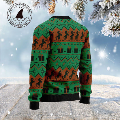 Christmas Tree With Horse Ugly Christmas Sweater, Christmas Horse Pattern All-over Printed Ugly Sweater, Horse Xmas Crewneck Knitted Ugly Sweater