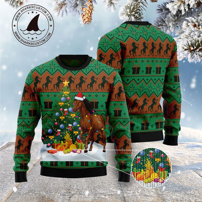 Christmas Tree With Horse Ugly Christmas Sweater, Christmas Horse Pattern All-over Printed Ugly Sweater, Horse Xmas Crewneck Knitted Ugly Sweater