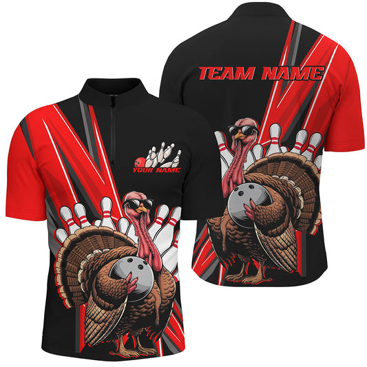 Black And Red Custom Awesome Turkey Bowling Shirts For Men, Thanksgiving Bowling Team Jerseys