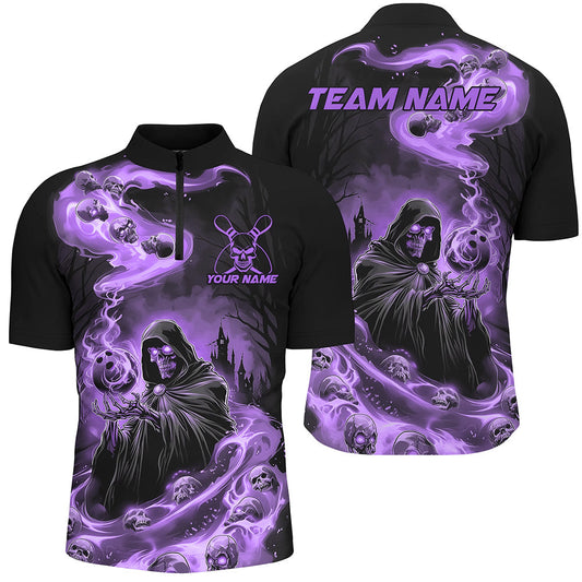 Black And Purple Grim Reaper Custom Halloween Bowling Team Shirts For Men, Bowling Gifts