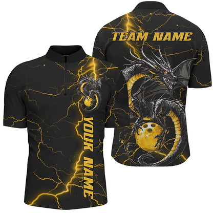 Black And Gold Custom Dragon Bowling Shirts For Men, Dragon Bowling League Shirts Outfits