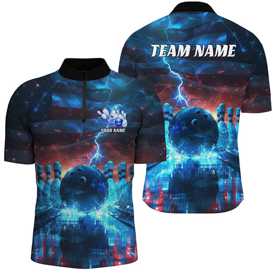 Blue Lightning Patriotic American Flag Custom Bowling Team Shirts For Men And Women
