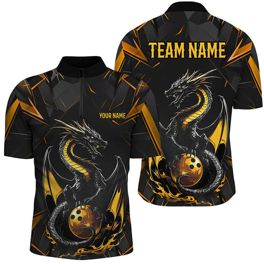 Custom Black And Gold Dragon Bowling Shirts For Men, Dragon Bowling Team Shirts Uniform