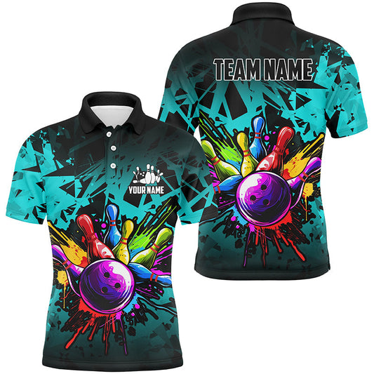 Colorful Bowling Jerseys Polo, 1/4 Zip Shirt For Men Custom Bowling Team Shirts For Bowler | Cyan Blue