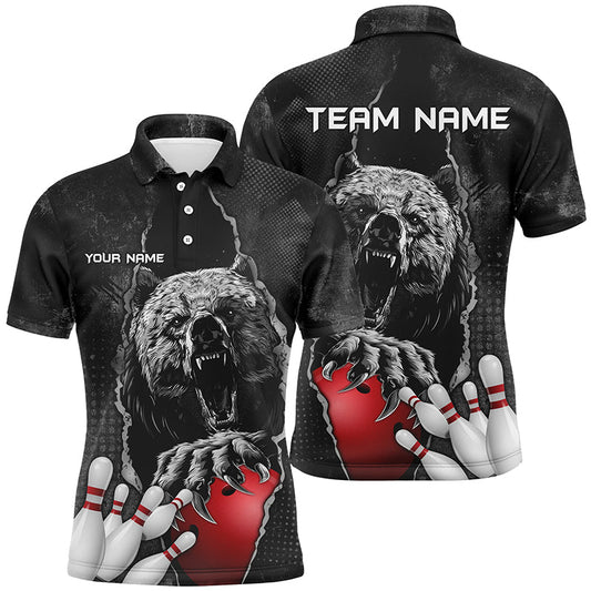 Black Bear Grunge Pattern Custom Men Bowling Polo, Quarter Zip Shirts Bowling Team Jerseys Outfits
