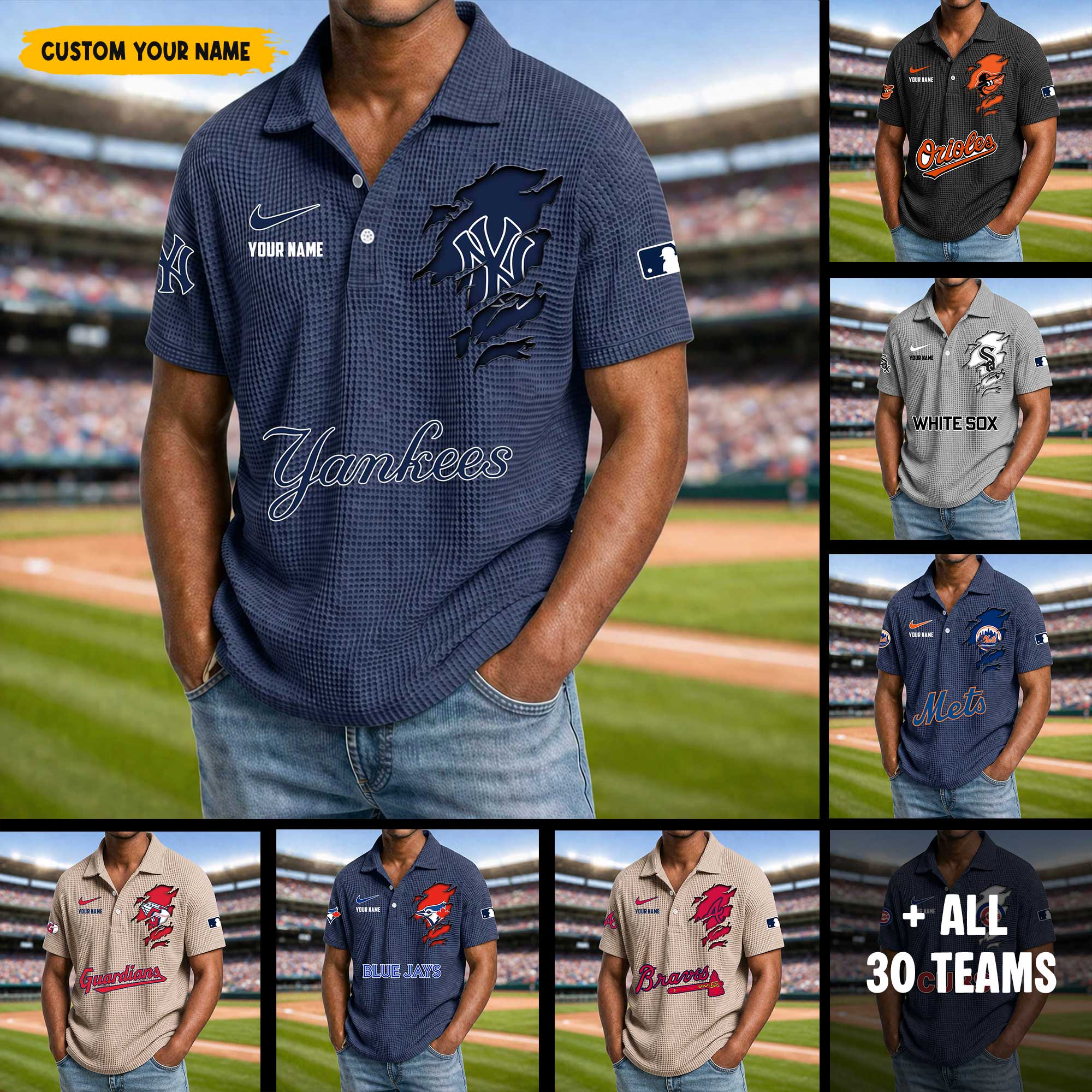 Baseball Teams Waffle Collar Polo Shirt Collection