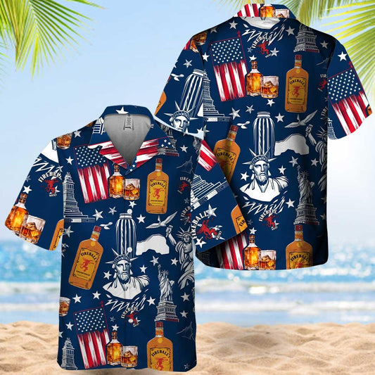 Fireball Whisky Us Liberties Vintage Hawaiian Shirt, Us Flag Fireball Button Down Short Sleeve Shirt, Us Fireball Whisky Summer Beach Aloha Shirt